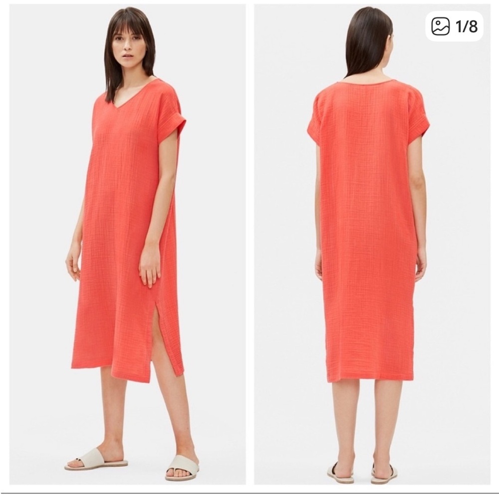 Eileen Fisher Organic Cotton Gauze Midi Dress Coral Beachy
